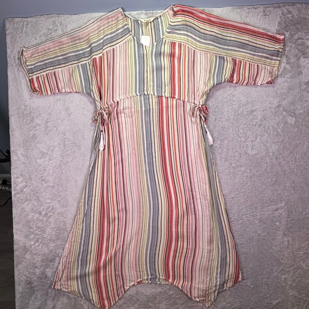NWT Krazy Kat Womens Dress Sz Large Multi Stripe Side‎ Tie Boho Rayon Kaftan